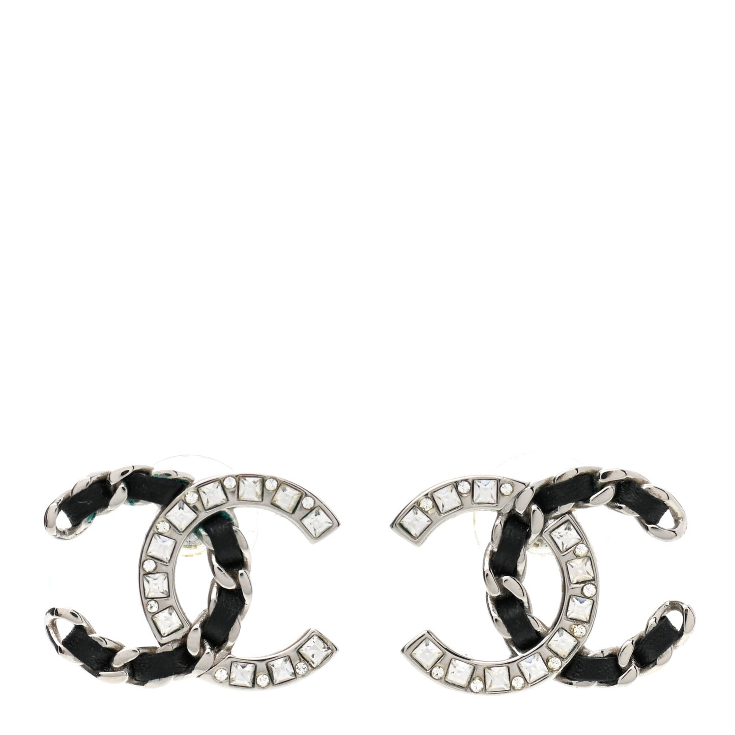 Crystal Baguette Lambskin Chain CC Vintage Allure Stud Earrings Black Silver