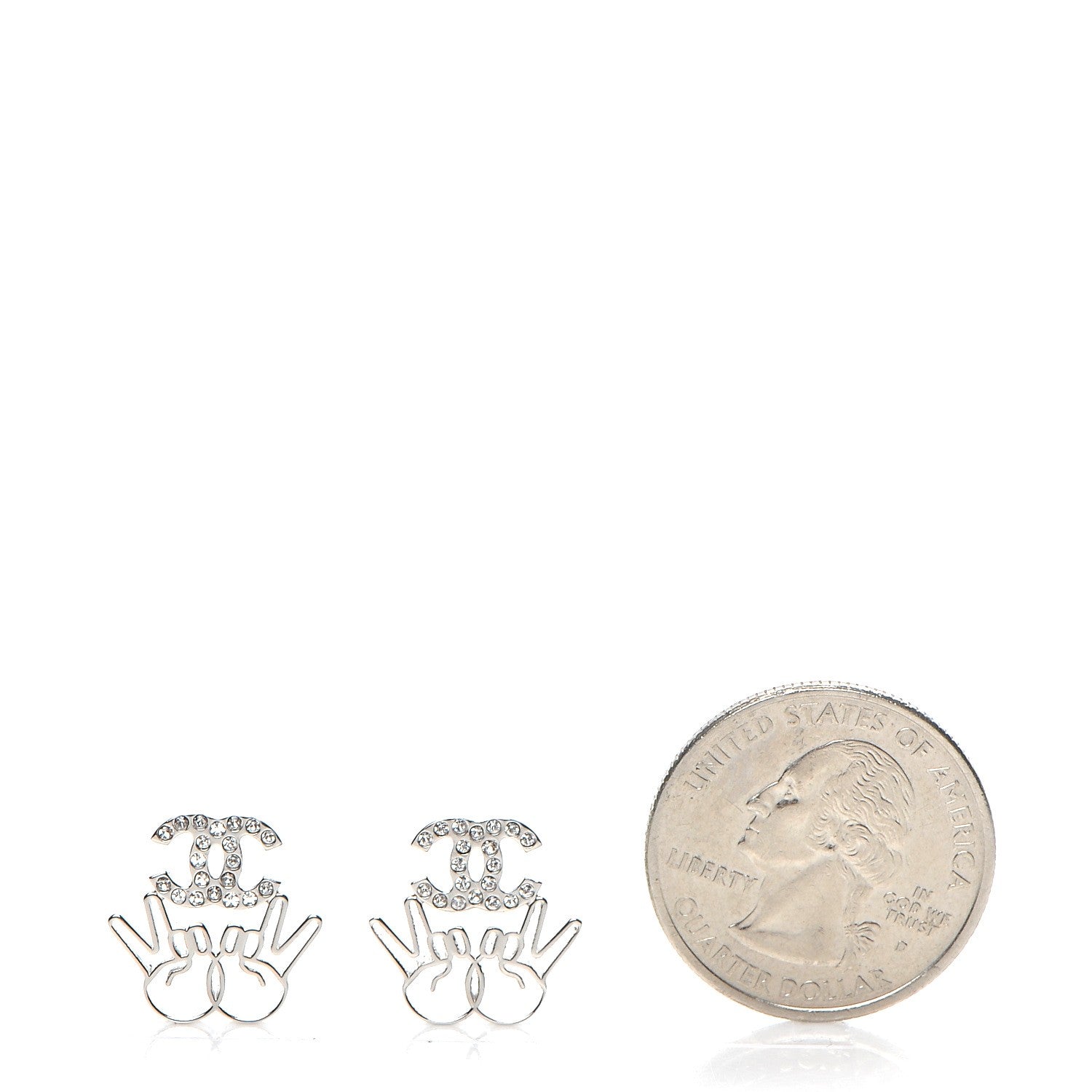 Chanel Crystal CC Peace Sign Emoji Earrings Silver 2 of 5