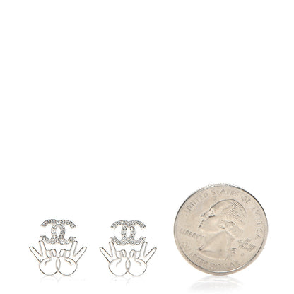 Chanel Crystal CC Peace Sign Emoji Earrings Silver 2 of 5