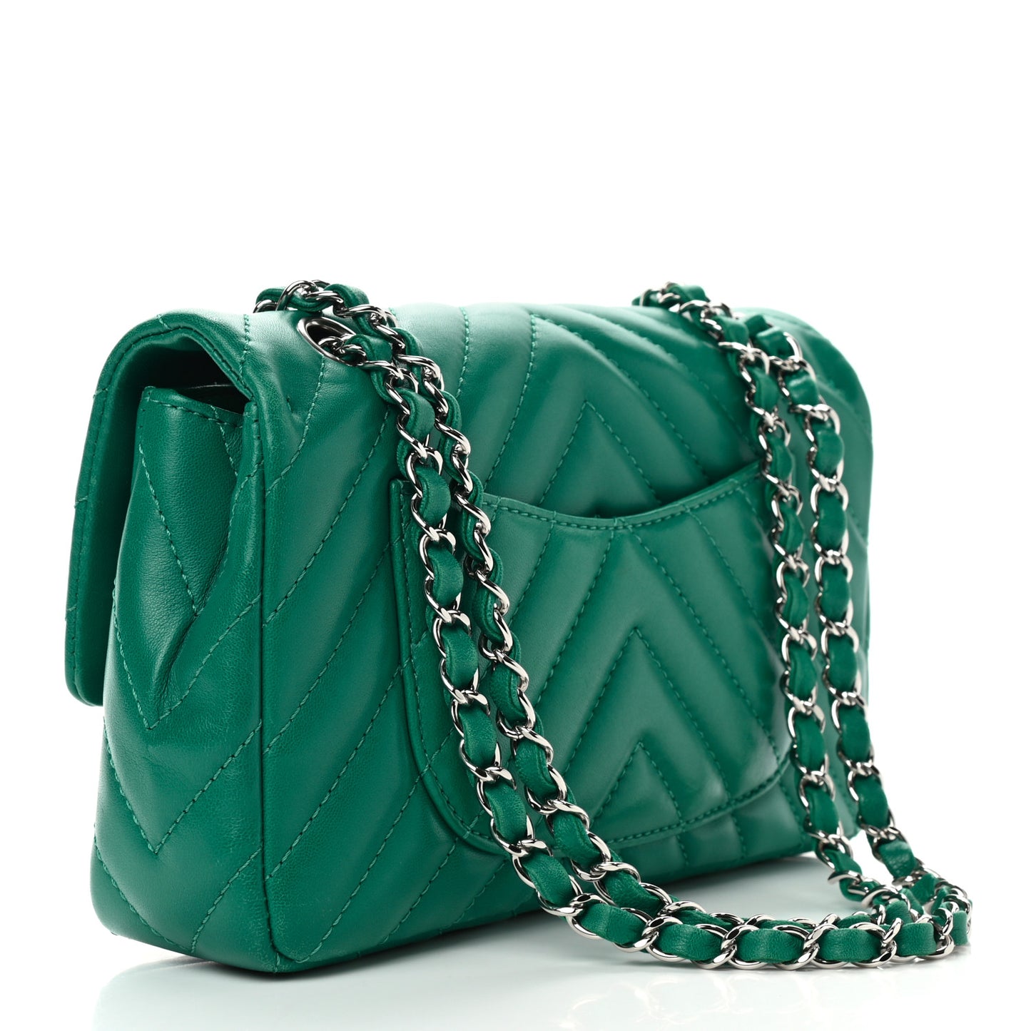 Lambskin Chevron Quilted Medium Single Flap Green