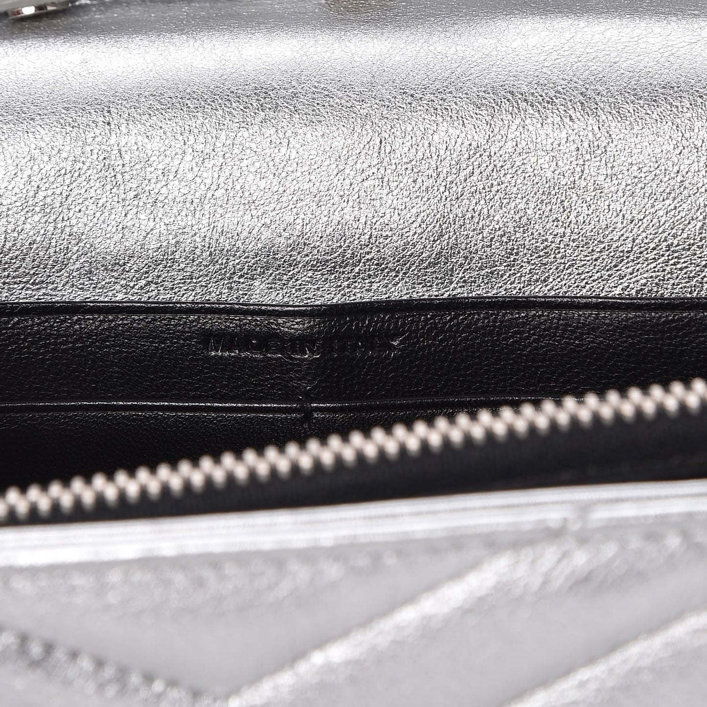 Metallic Lambskin Matelasse Chevron Monogram Chain Wallet Argento