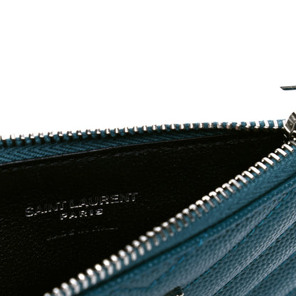 Saint Laurent Grain De Poudre Matelasse Chevron Monogram Fragments Zippered Card Case Petrol Green 4 of 4