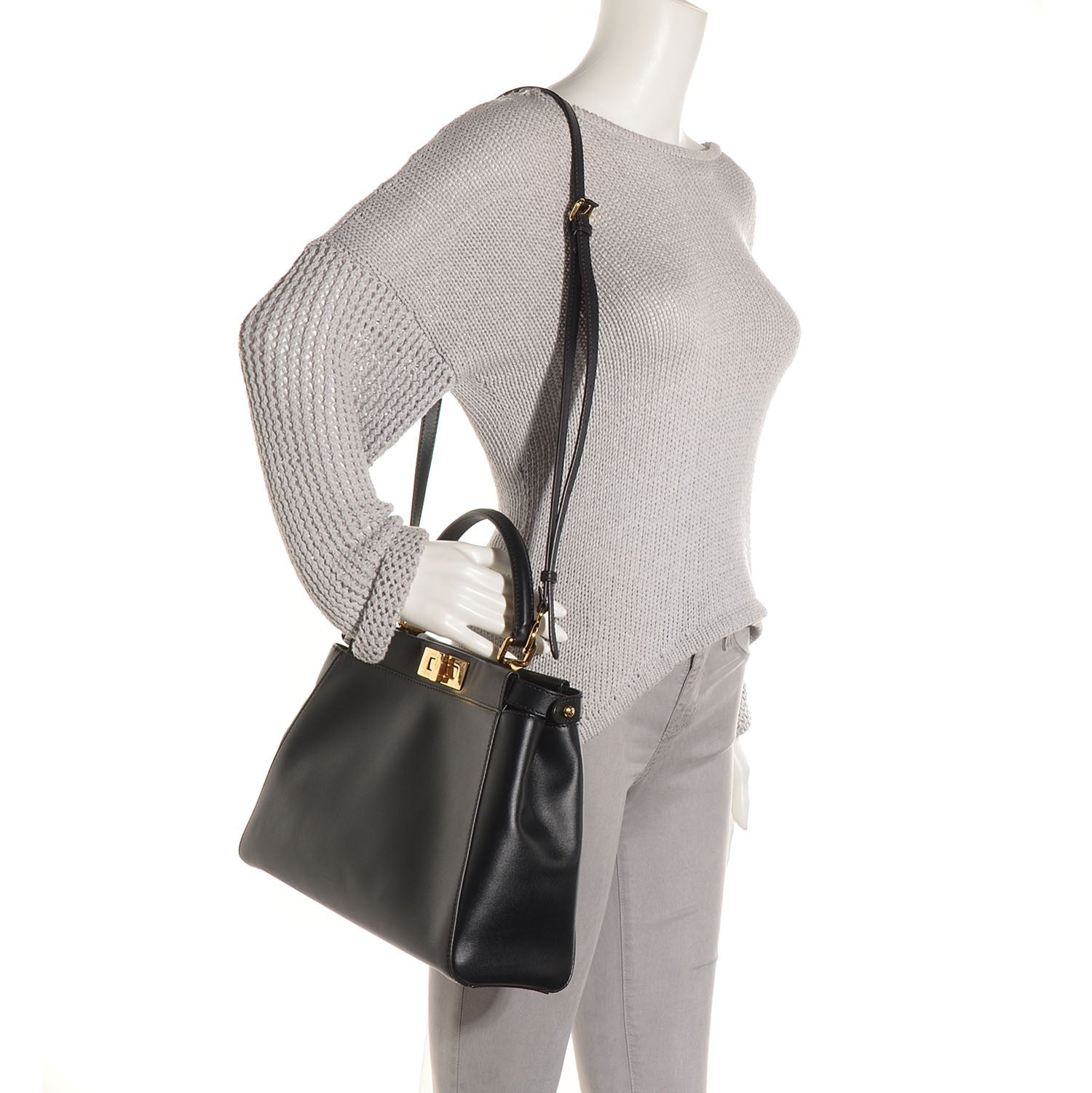Fendi Vitello Morgan Fabric Jacquard Pequin Medium Peekaboo Iconic Satchel Black Tobacco 2 of 9