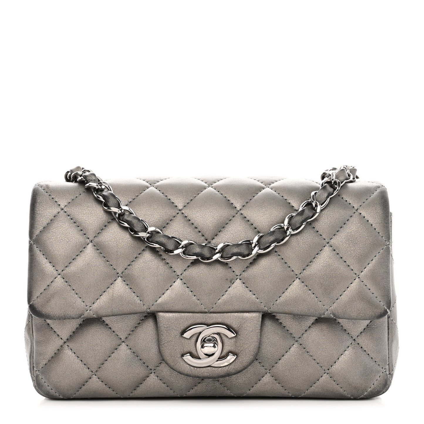 Metallic Calfskin Quilted Mini Rectangular Flap Ruthenium