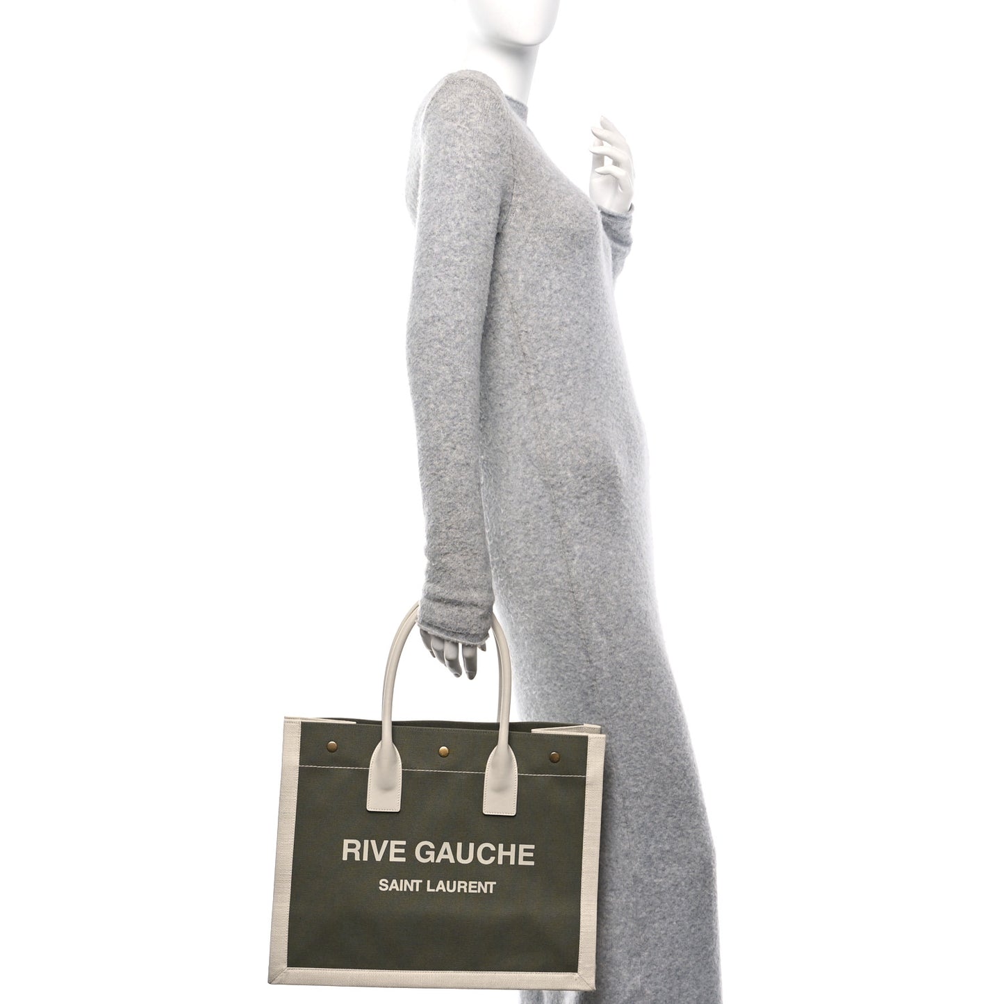 Linen Calfskin Small Rive Gauche Tote Military Green Blanc Vintage
