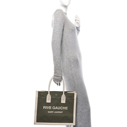 Saint Laurent Linen Calfskin Small Rive Gauche Tote Military Green Blanc Vintage 2 of 10