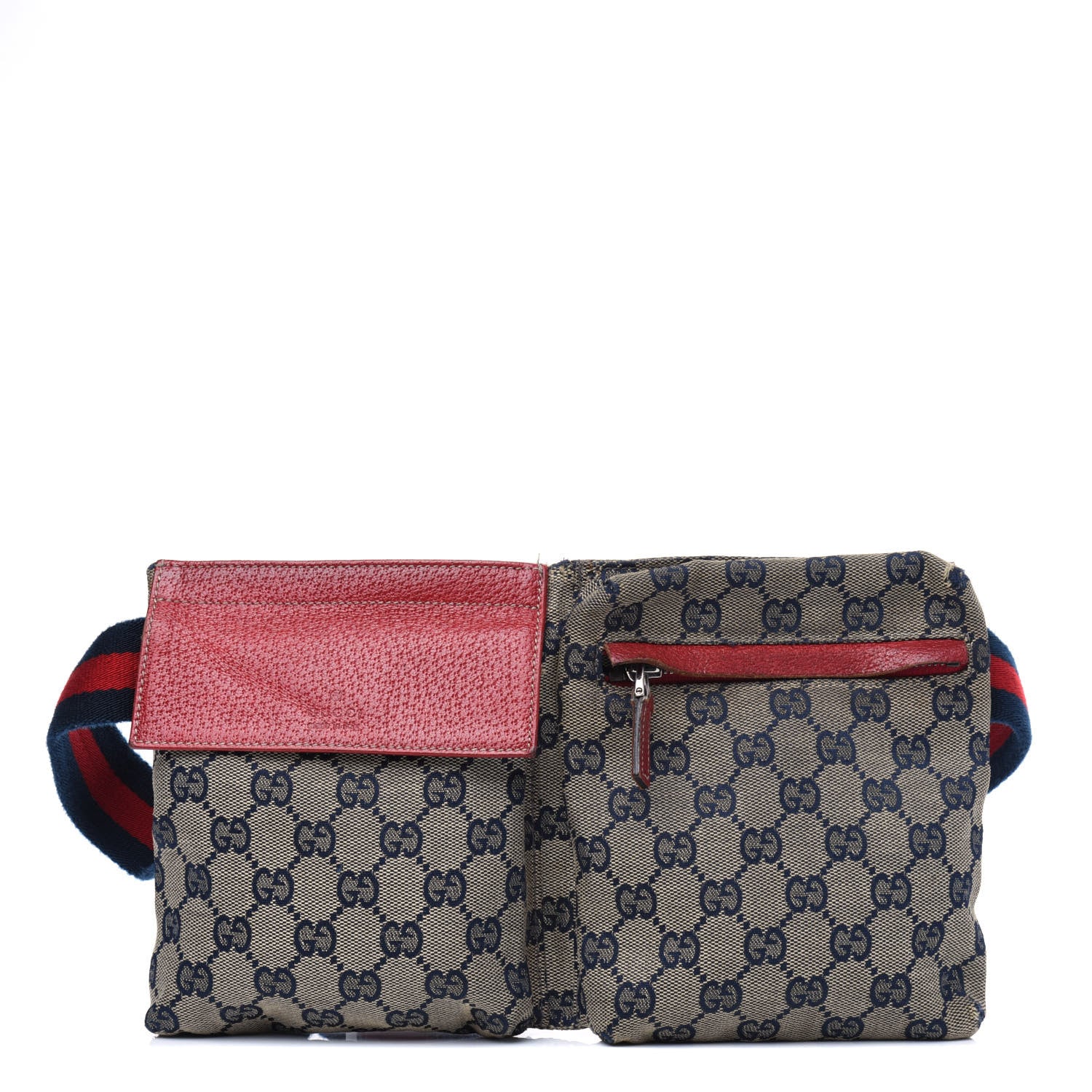 Gucci GG Monogram Web Double Pocket Belt Bag Navy Red 1 of 5