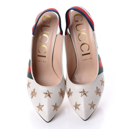 Gucci Malaga Kid Web Bee Star Embroidered Sylvie High Heel Slingback Pumps 40 White 5 of 12