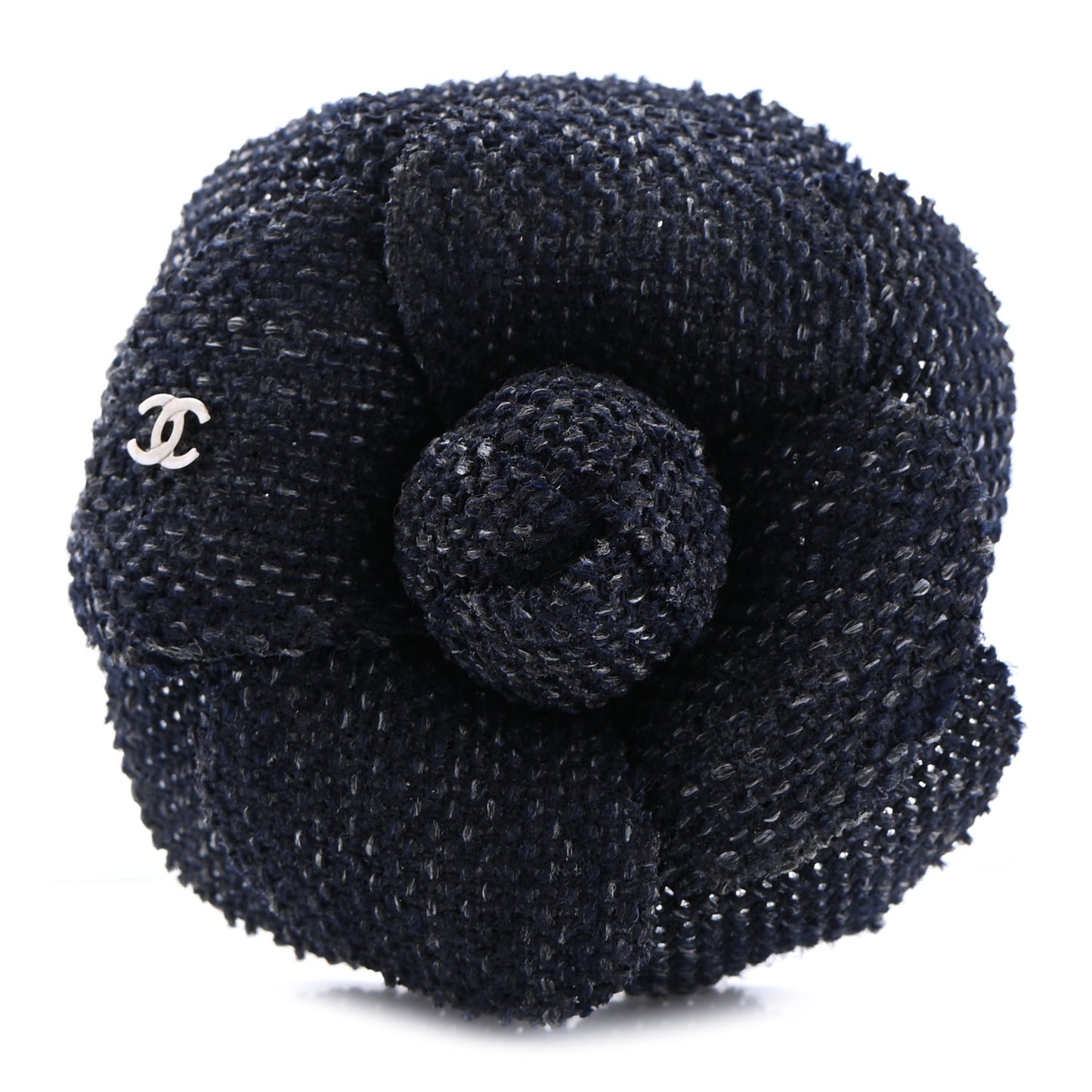 Tweed Camellia Pin Brooch Navy Blue