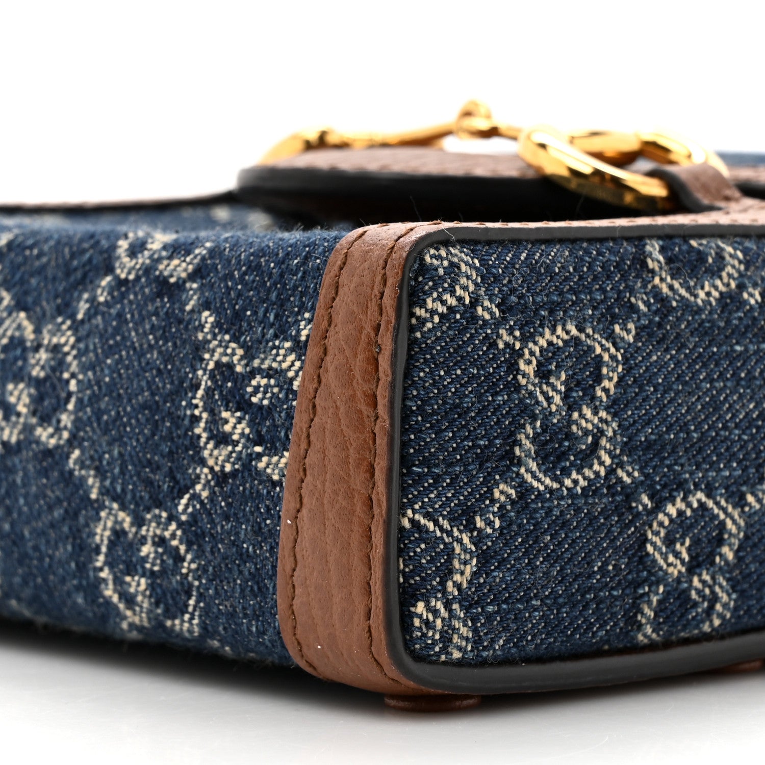 Gucci New Denim GG Monogram Dollar Calfskin Mini Horsebit 1955 Crossbody Bag Blue Tea Cuir Epilog 9 of 11