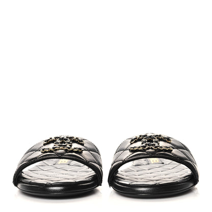 Chanel Shiny Goatskin Quilted CC Mules Sandals 37 Black 3 of 10