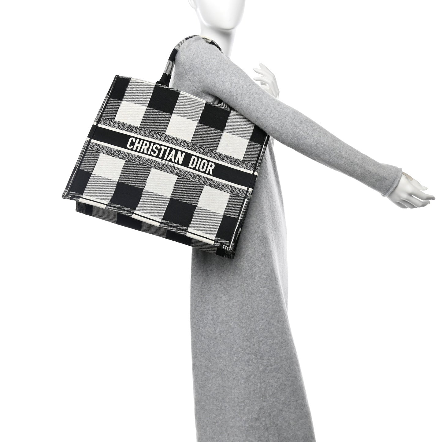 Canvas Embroidered Checkered Book Tote Black White