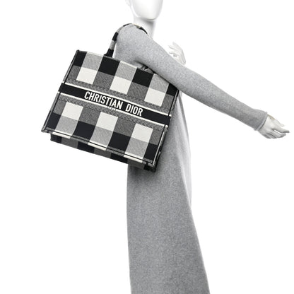 Christian Dior Canvas Embroidered Checkered Book Tote Black White 2 of 13
