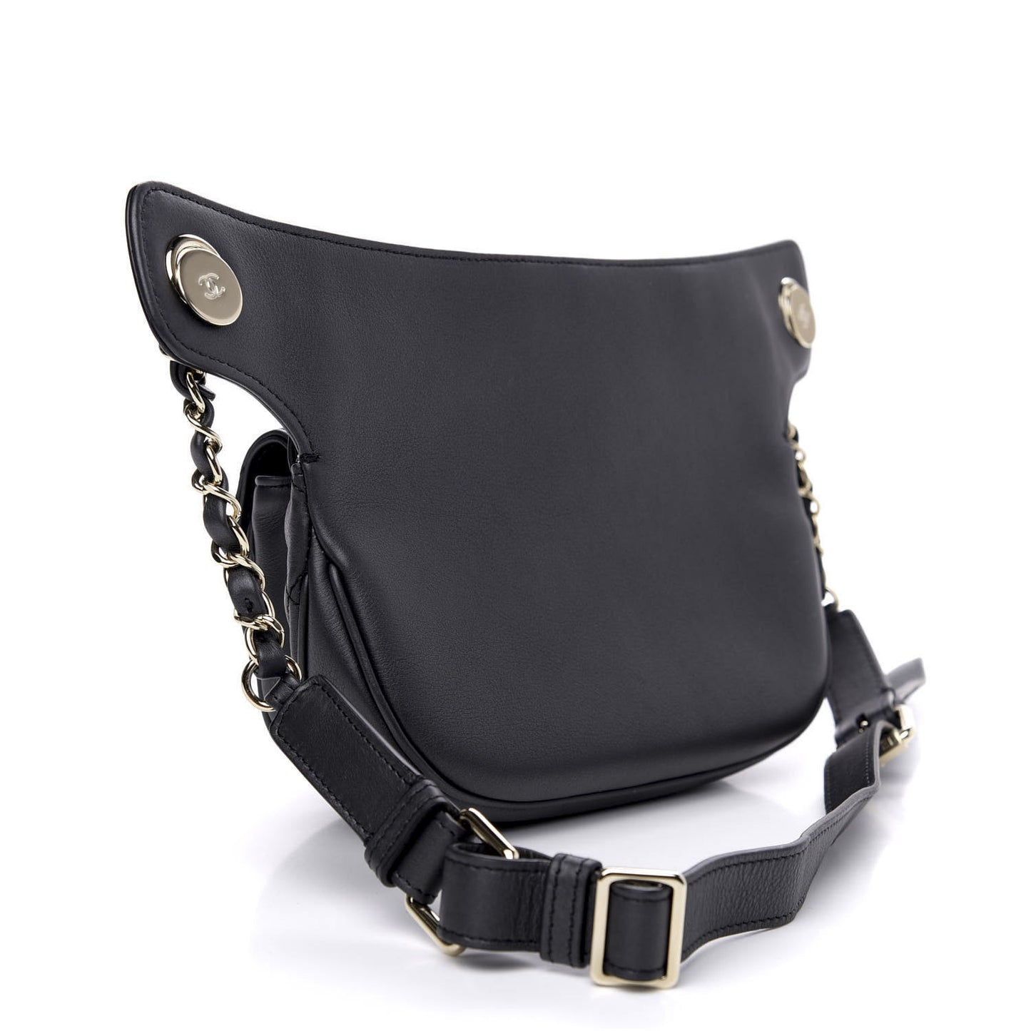 Calfskin Flap Chain Waist Bag Black