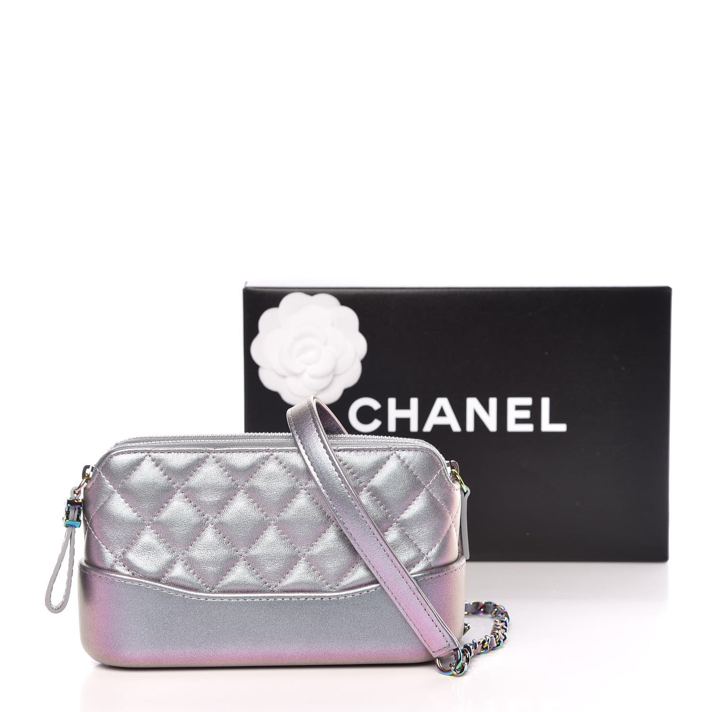 Iridescent Lambskin Calfskin Quilted Small Gabrielle Clutch With Chain Light Purple