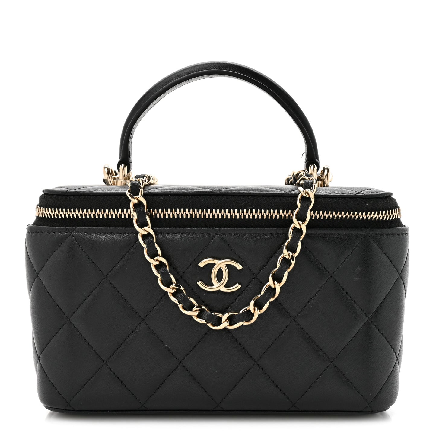 Lambskin Quilted Small Top Handle Vanity Case With Chain Black