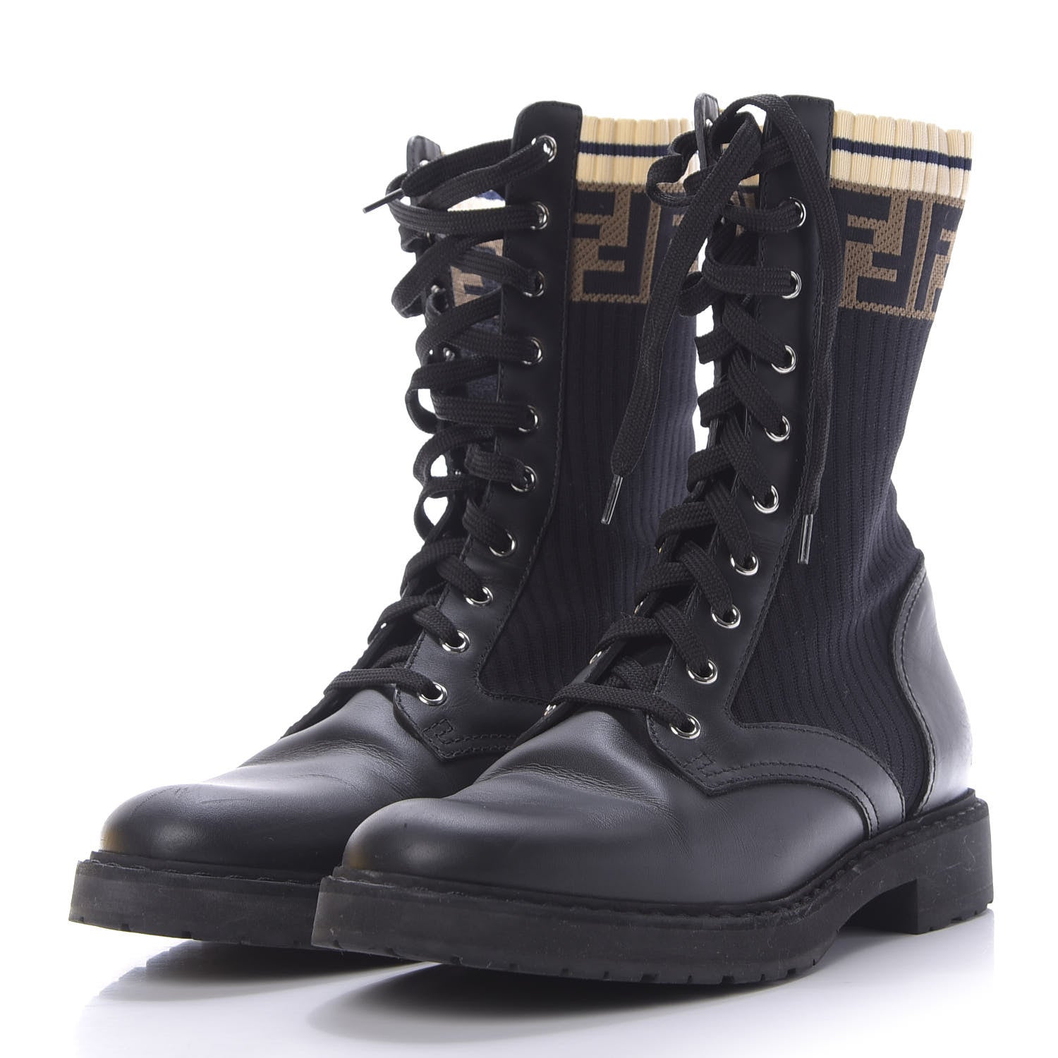 Fendi Calfskin Stretch Fabric Rockoko Biker Boots 39 Tobacco Black Marino 3 of 9