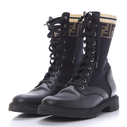 Fendi Calfskin Stretch Fabric Rockoko Biker Boots 39 Tobacco Black Marino 3 of 9