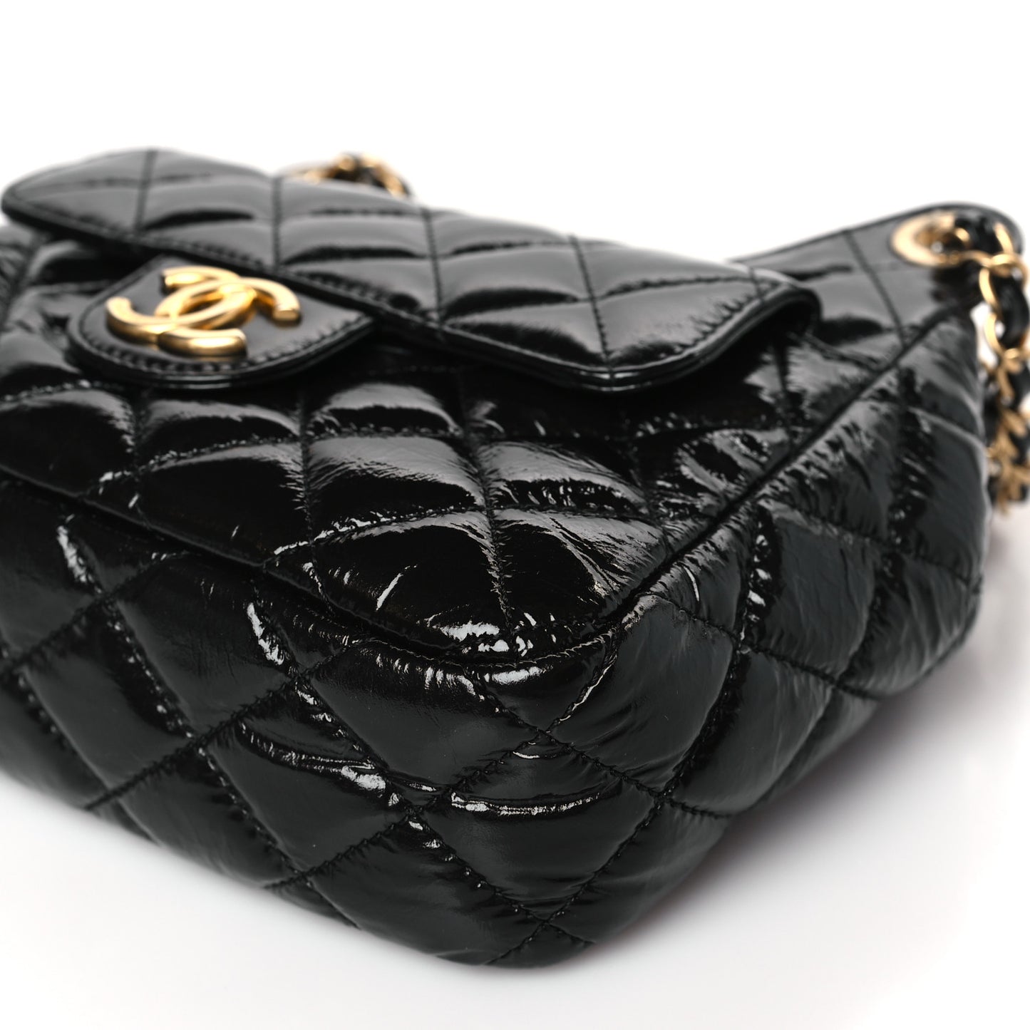 Shiny Crumpled Calfskin Quilted Small Wavy CC Hobo Black
