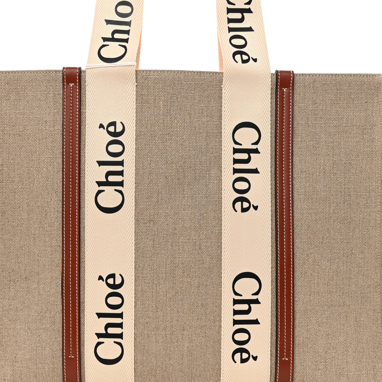 Chloe Linen Calfskin Large Woody Ribbon Tote White Brown 7 of 9