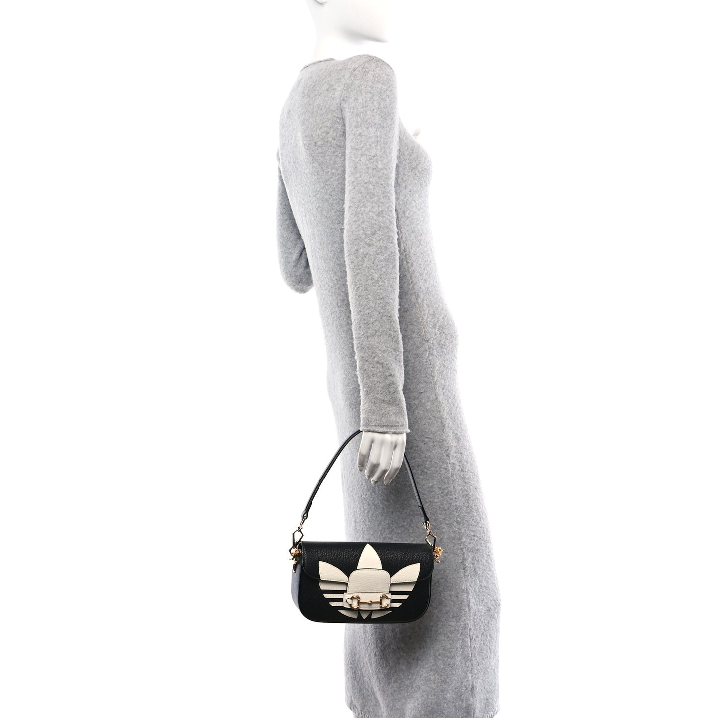 X ADIDAS Textured Dollar Calfskin Web Small Trefoil Horsebit 1955 Shoulder Bag Black Off White