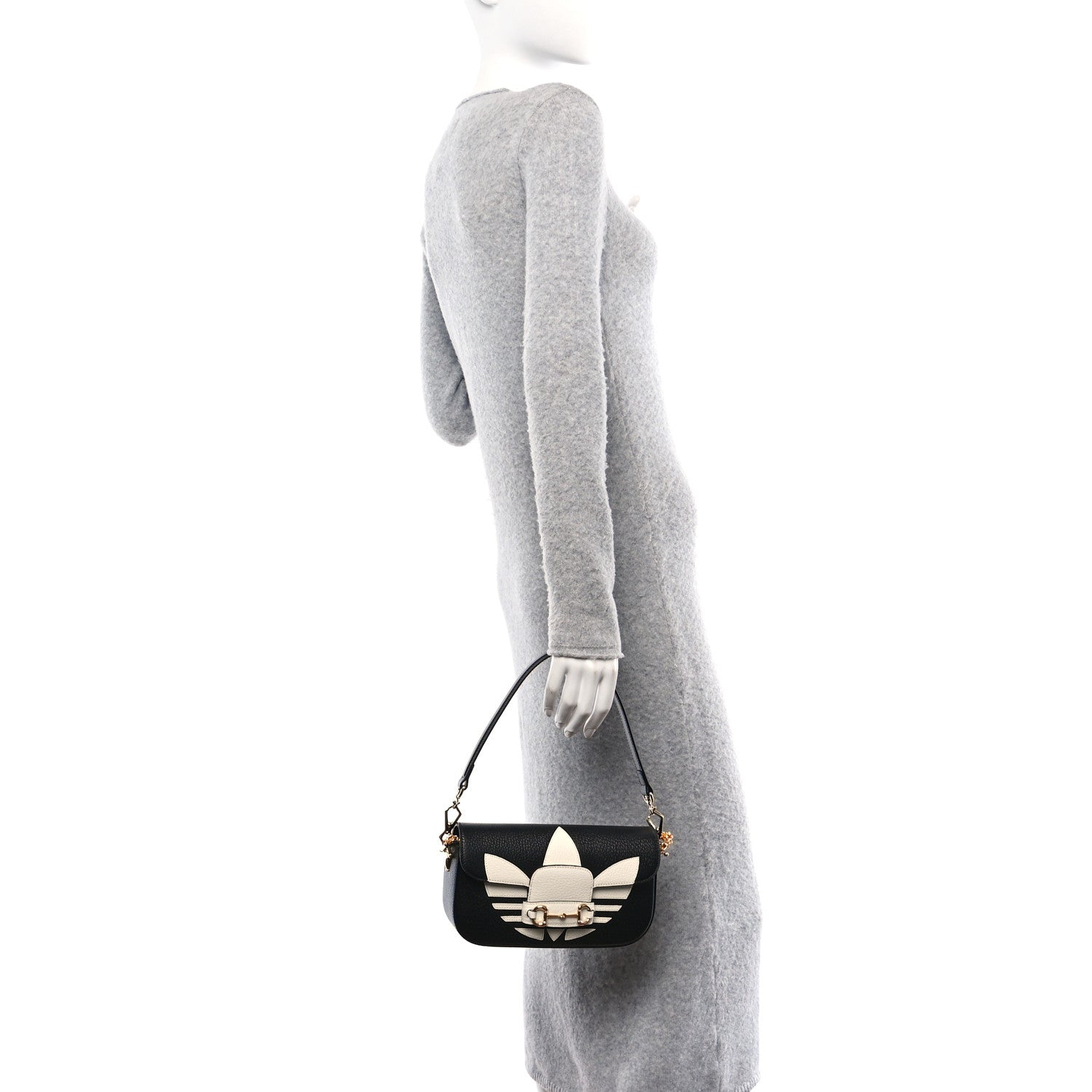 Gucci X ADIDAS Textured Dollar Calfskin Web Small Trefoil Horsebit 1955 Shoulder Bag Black Off White 2 of 9