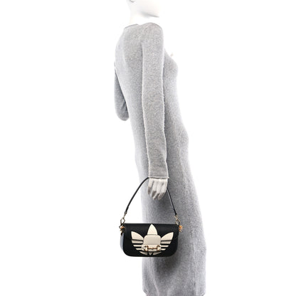 Gucci X ADIDAS Textured Dollar Calfskin Web Small Trefoil Horsebit 1955 Shoulder Bag Black Off White 2 of 9