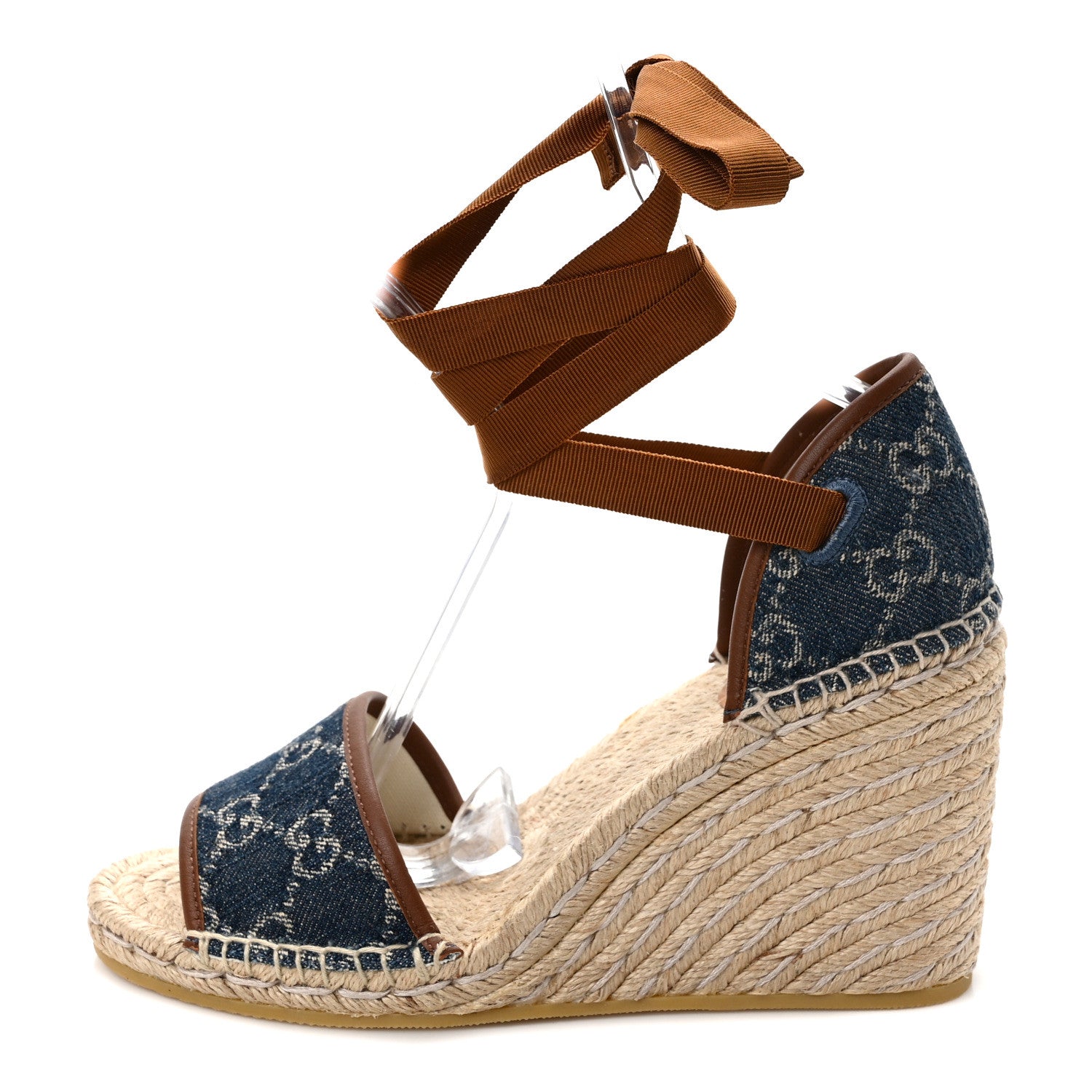 Gucci New Denim GG Monogram Ankle Wrap Espadrille Wedge Sandals 38.5 Blue Tea Cuir Epilog 1 of 8