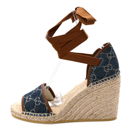 Gucci New Denim GG Monogram Ankle Wrap Espadrille Wedge Sandals 38.5 Blue Tea Cuir Epilog 1 of 8