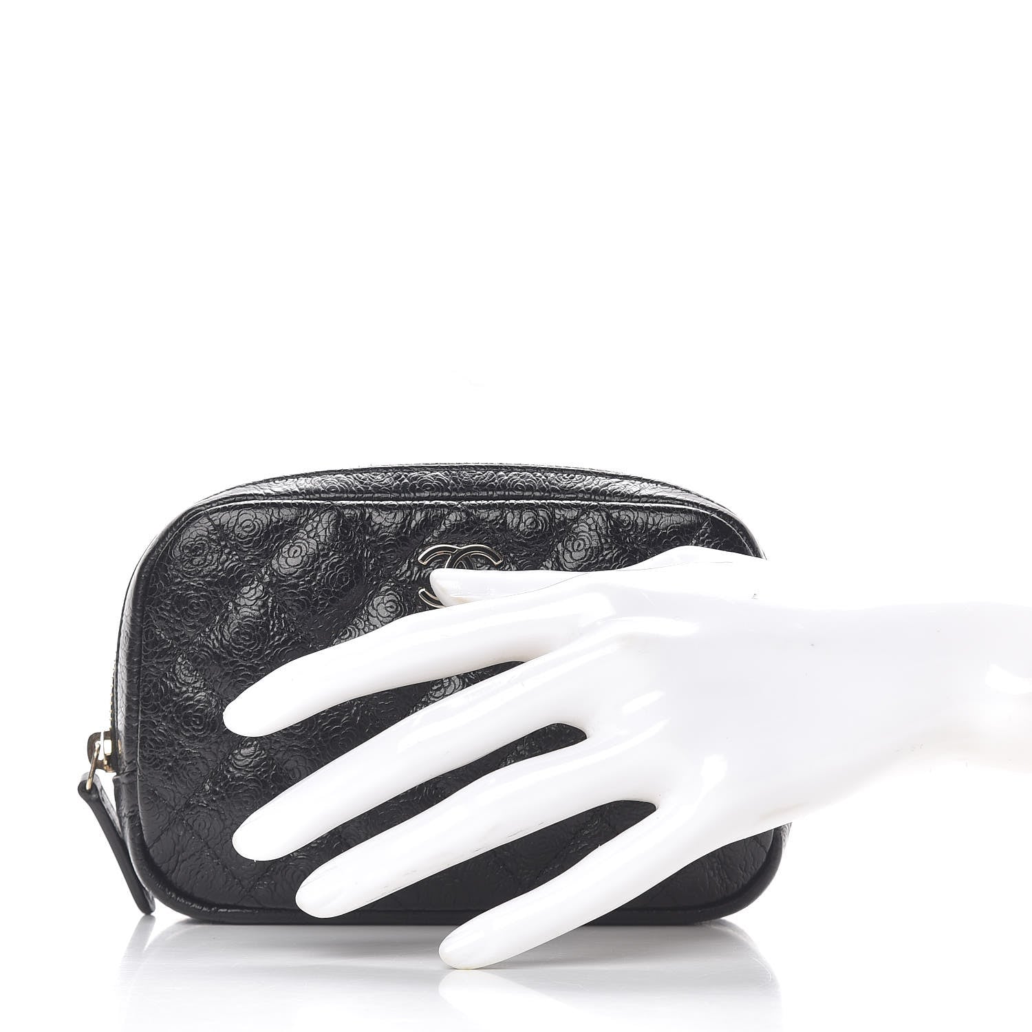 Chanel Camellia Calfskin Embossed Quilted Enamel CC Cosmetic Case Black 2 of 8