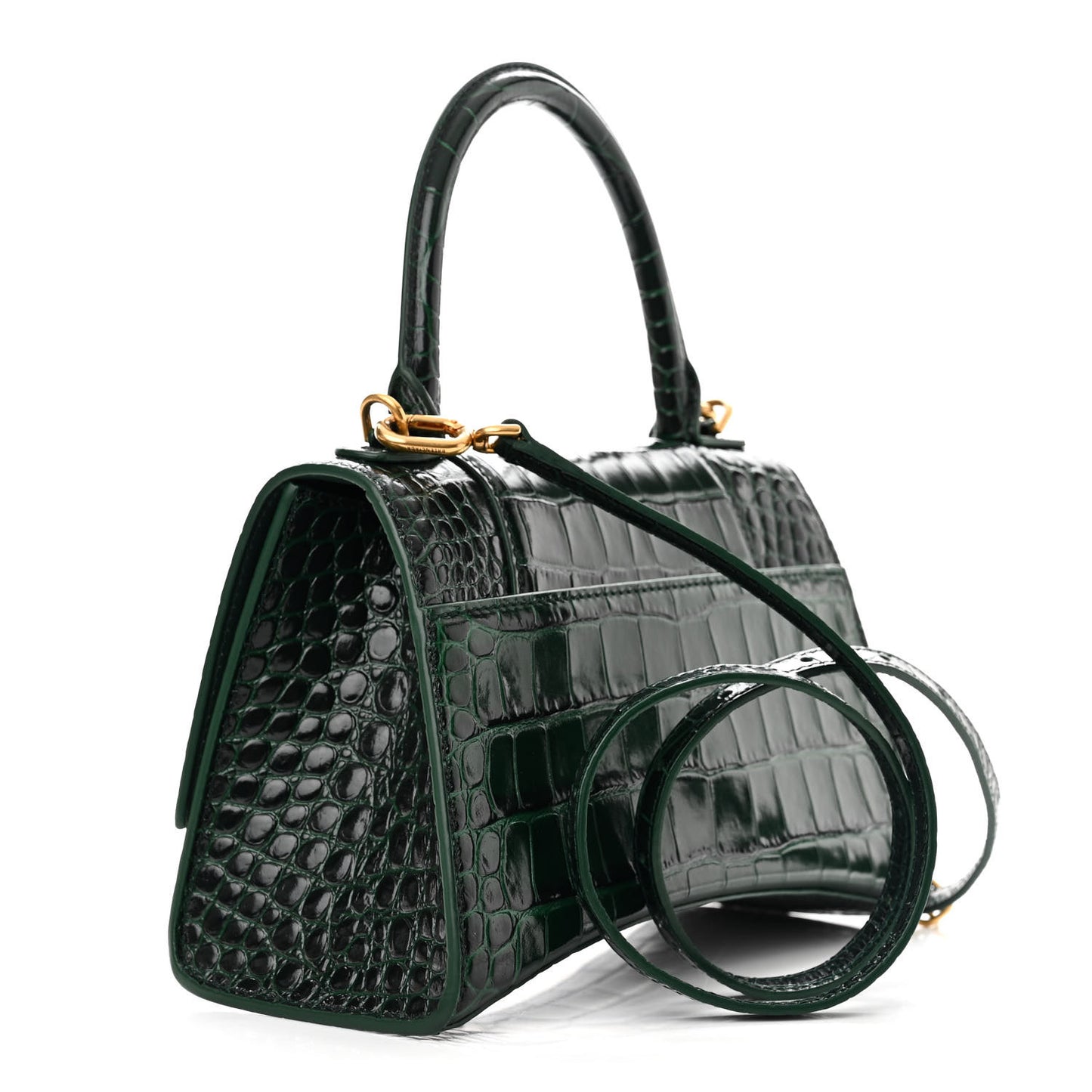 Shiny Calfskin Crocodile Embossed Small Hourglass Top Handle Bag Forest Green
