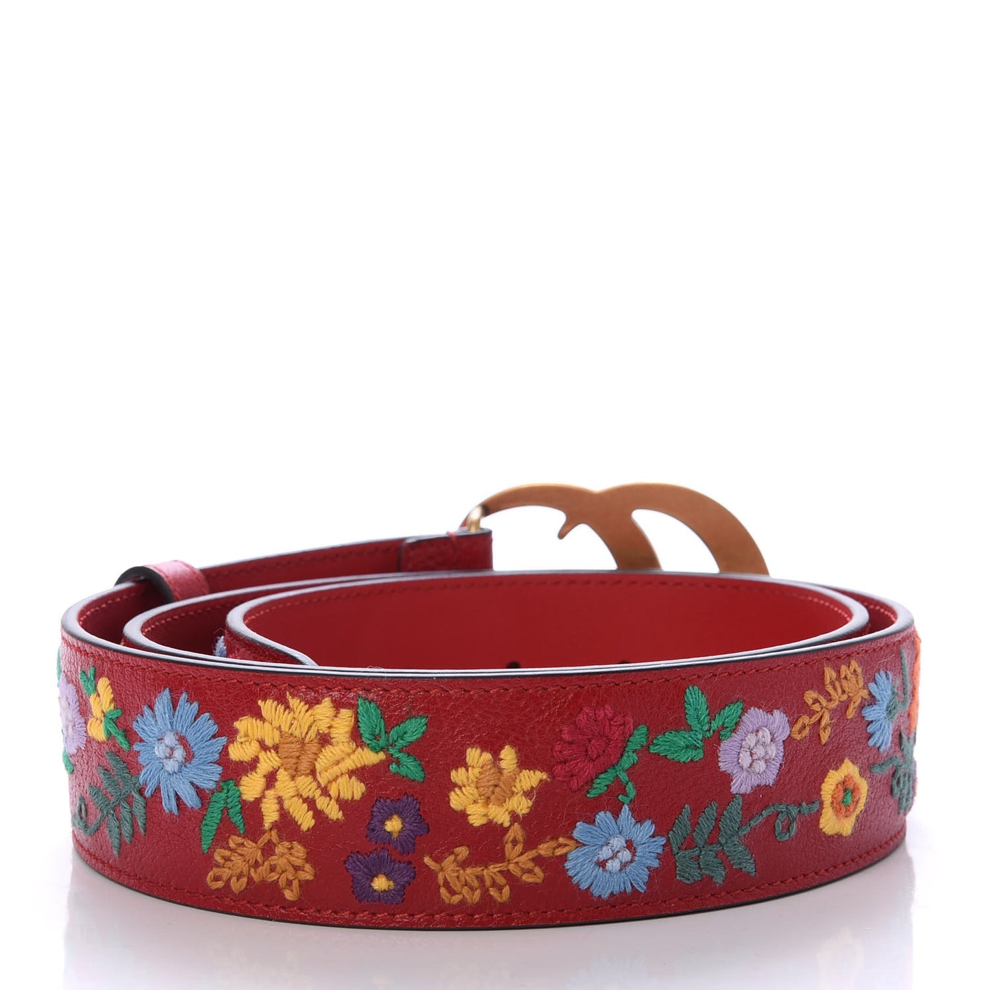 Textured Calfskin Flower Embroidered Double G 40mm Belt 90 36 Hibiscus Red