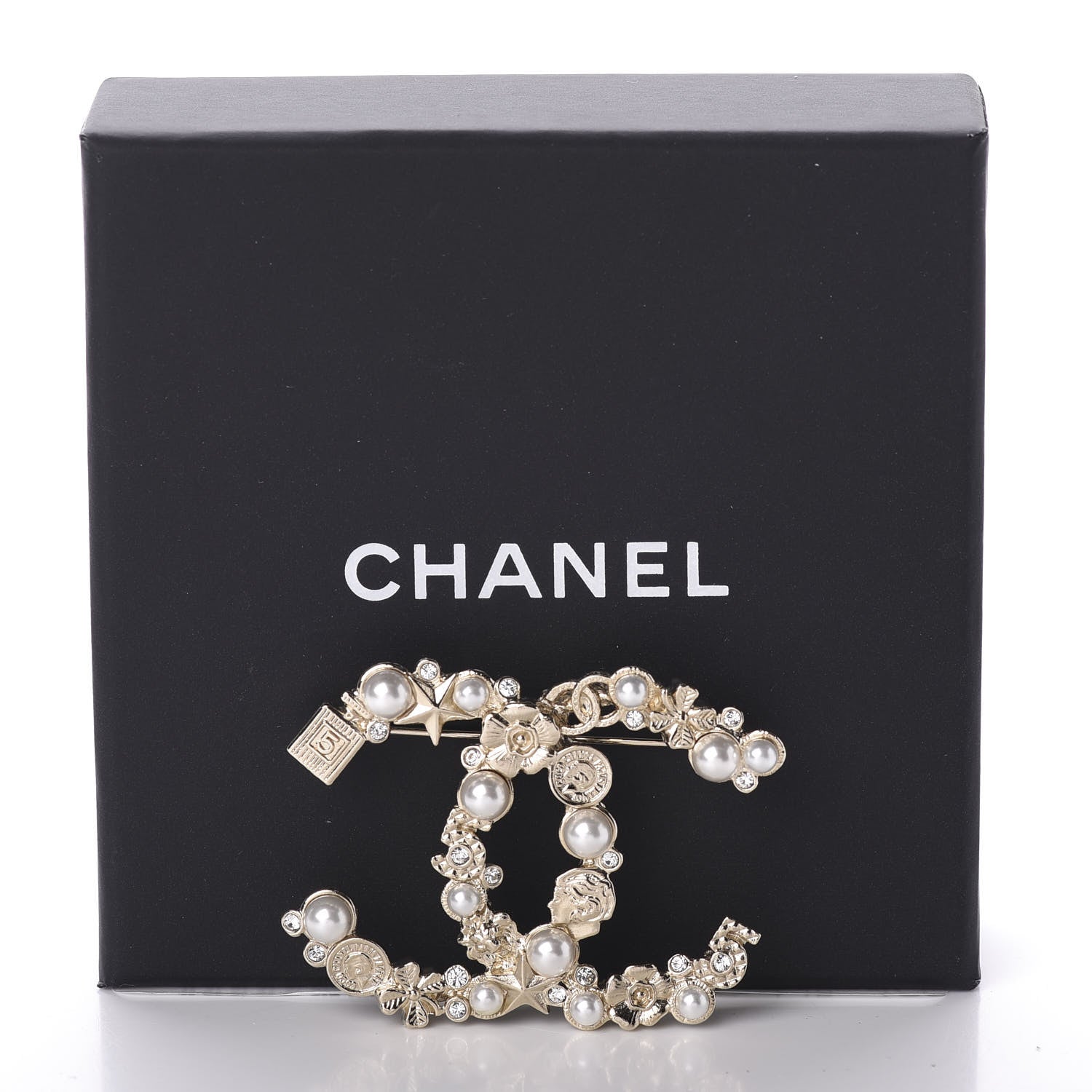Chanel Crystal Pearl CC Charms Brooch Gold 4 of 4