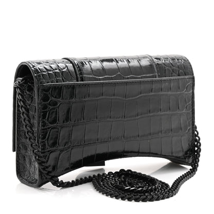 Balenciaga Shiny Calfskin Monochrome Crocodile Embossed Hourglass Chain Bag Black 4 of 17