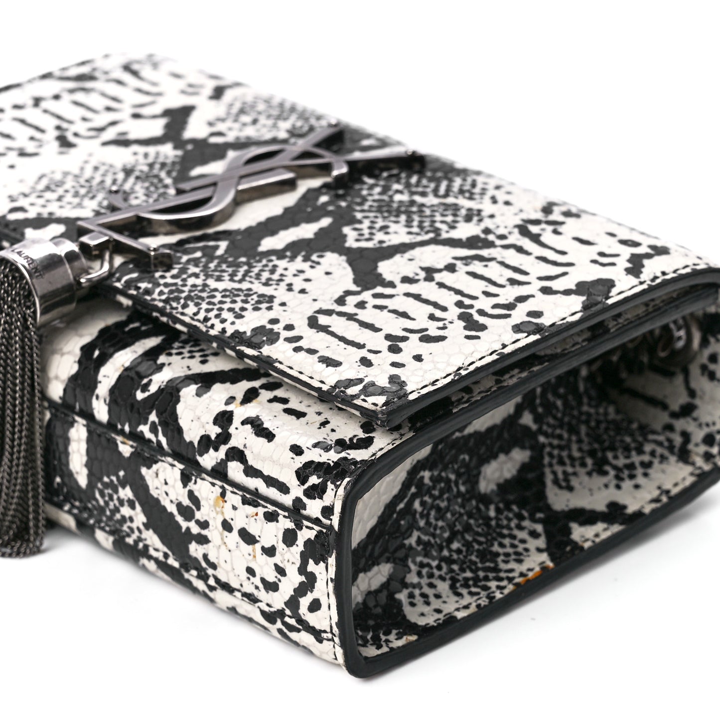 Calfskin Snakeskin Embossed Small Classic Monogram Kate Tassel Satchel White Black