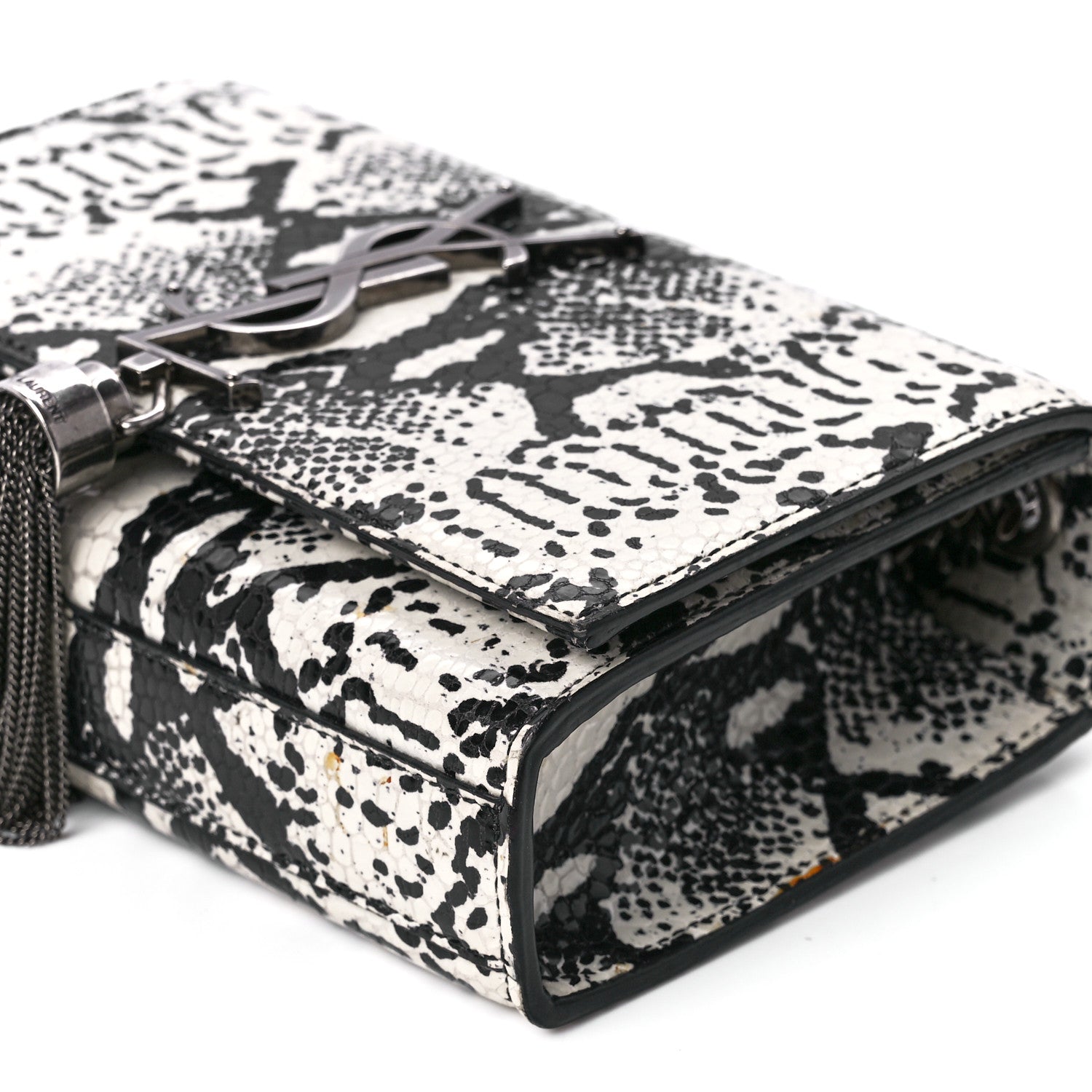Saint Laurent Calfskin Snakeskin Embossed Small Classic Monogram Kate Tassel Satchel White Black 11 of 11