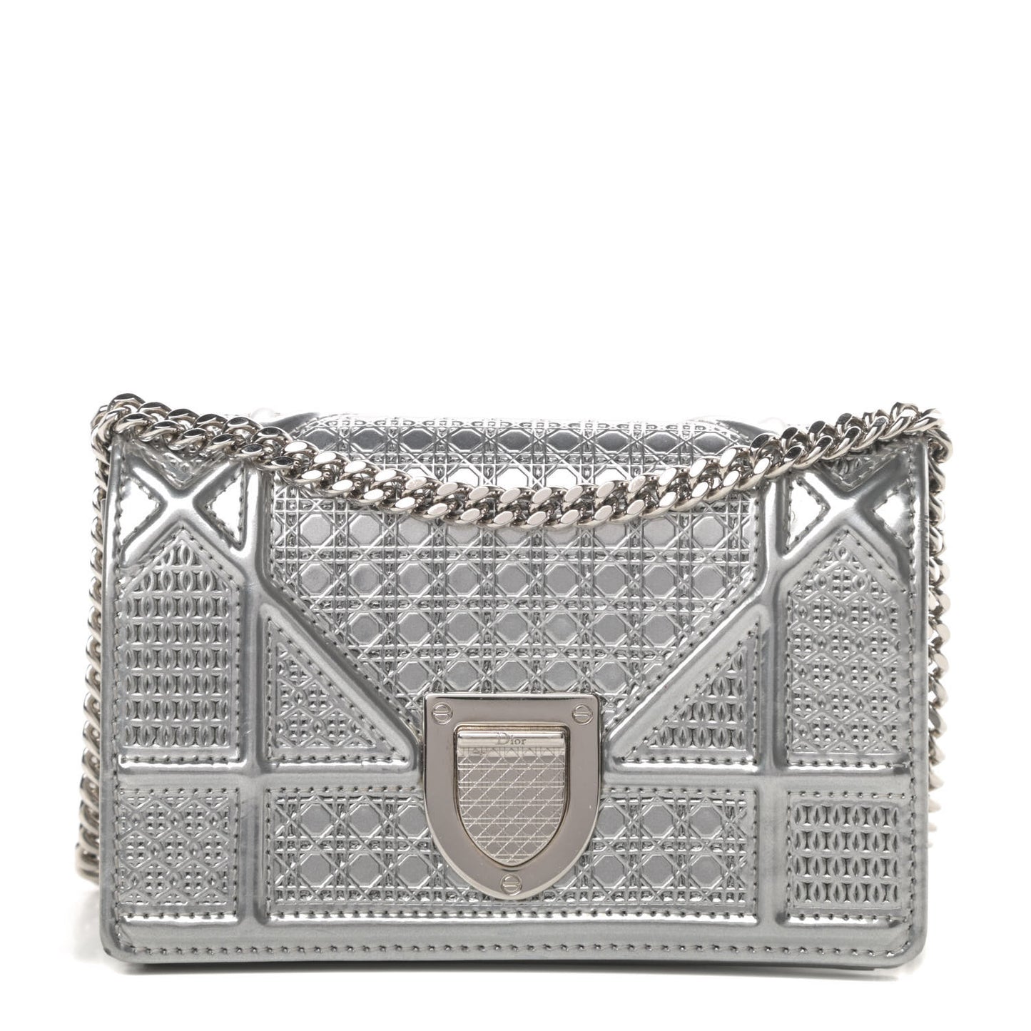 Metallic Patent Micro-Cannage Baby Diorama Flap Bag Silver