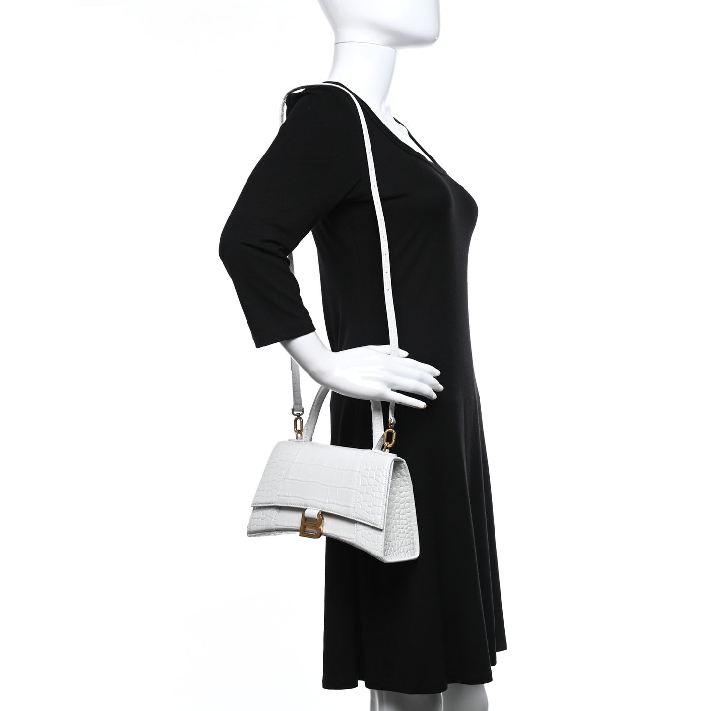Shiny Calfskin Crocodile Embossed Small Hourglass Top Handle Bag White