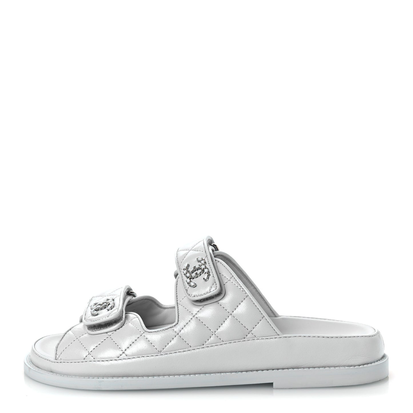 Laminated Lambskin Quilted Velcro Dad Chain CC Slide Sandals 37.5 Light Blue