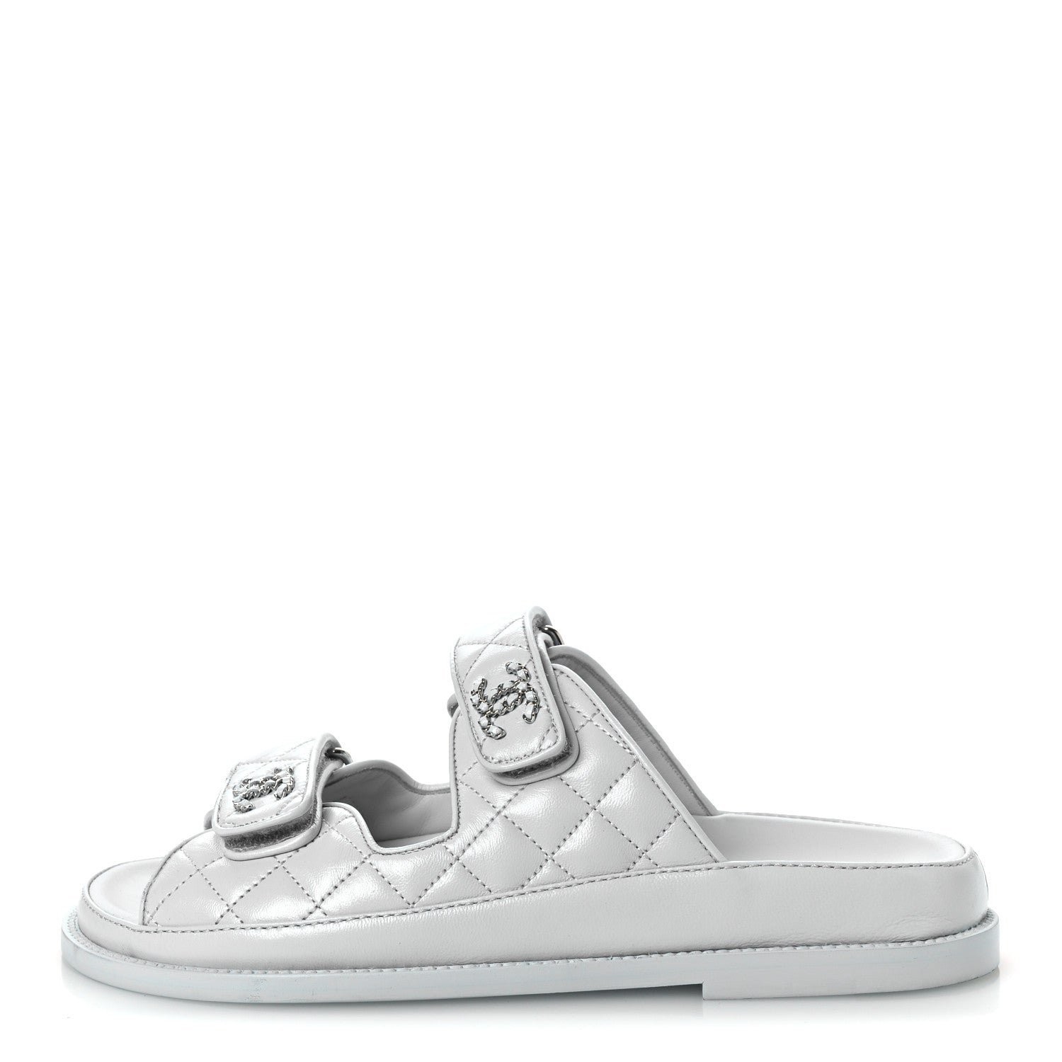 Chanel Laminated Lambskin Quilted Velcro Dad Chain CC Slide Sandals 37.5 Light Blue 1 of 10