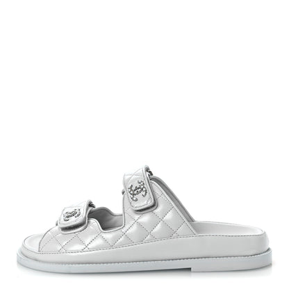 Chanel Laminated Lambskin Quilted Velcro Dad Chain CC Slide Sandals 37.5 Light Blue 1 of 10