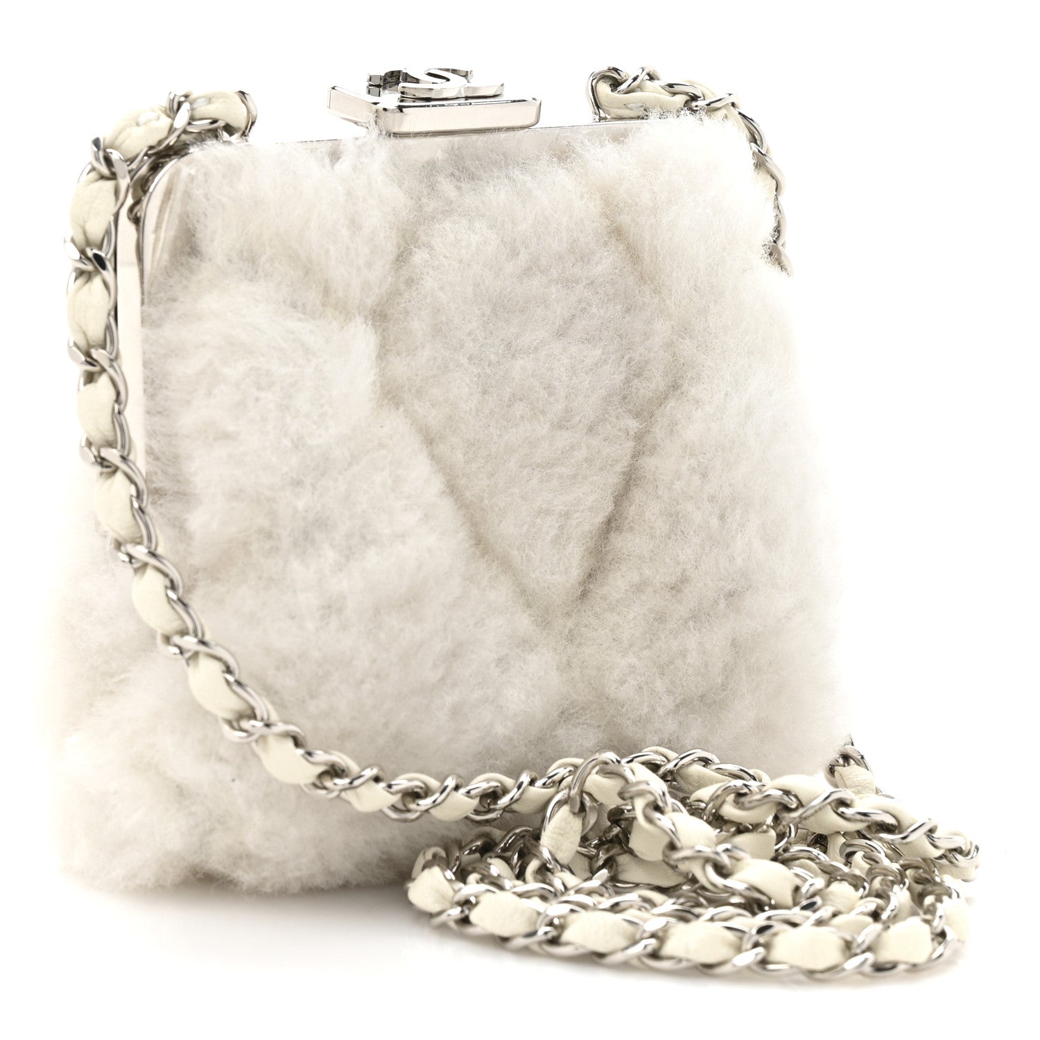 Chanel Shearling Sheepskin Lambskin Quilted Clutch With Chain White 3 of 11