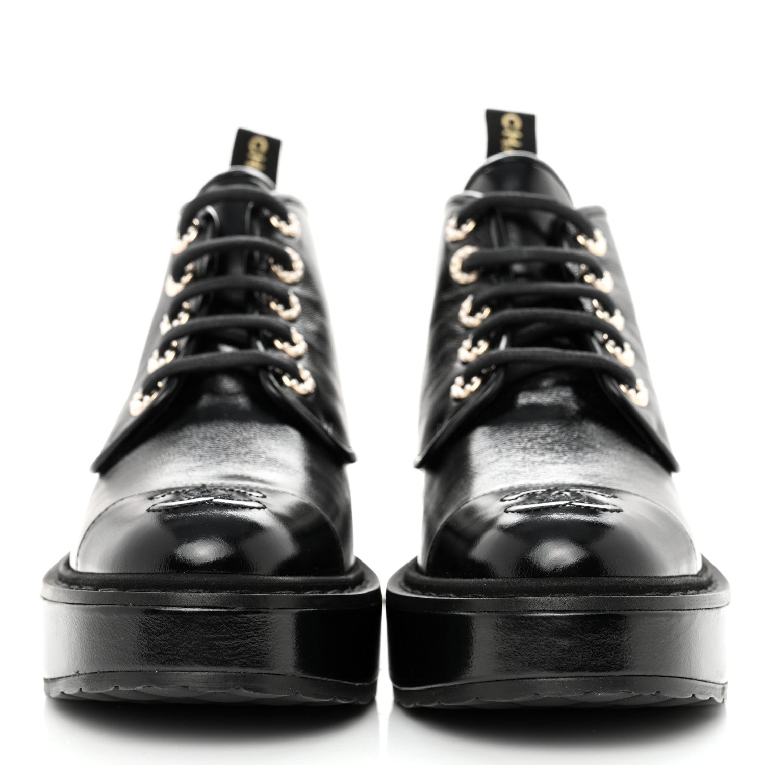 Chanel Shiny Calfskin Pearl Lace Up Combat Short Boots 35 Black 3 of 11