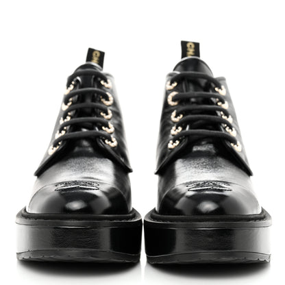 Chanel Shiny Calfskin Pearl Lace Up Combat Short Boots 35 Black 3 of 11
