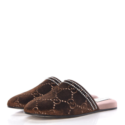 Gucci Velvet GG Monogram Crystal Womens Slippers 39.5 Brown Vintage Cocoa 3 of 8