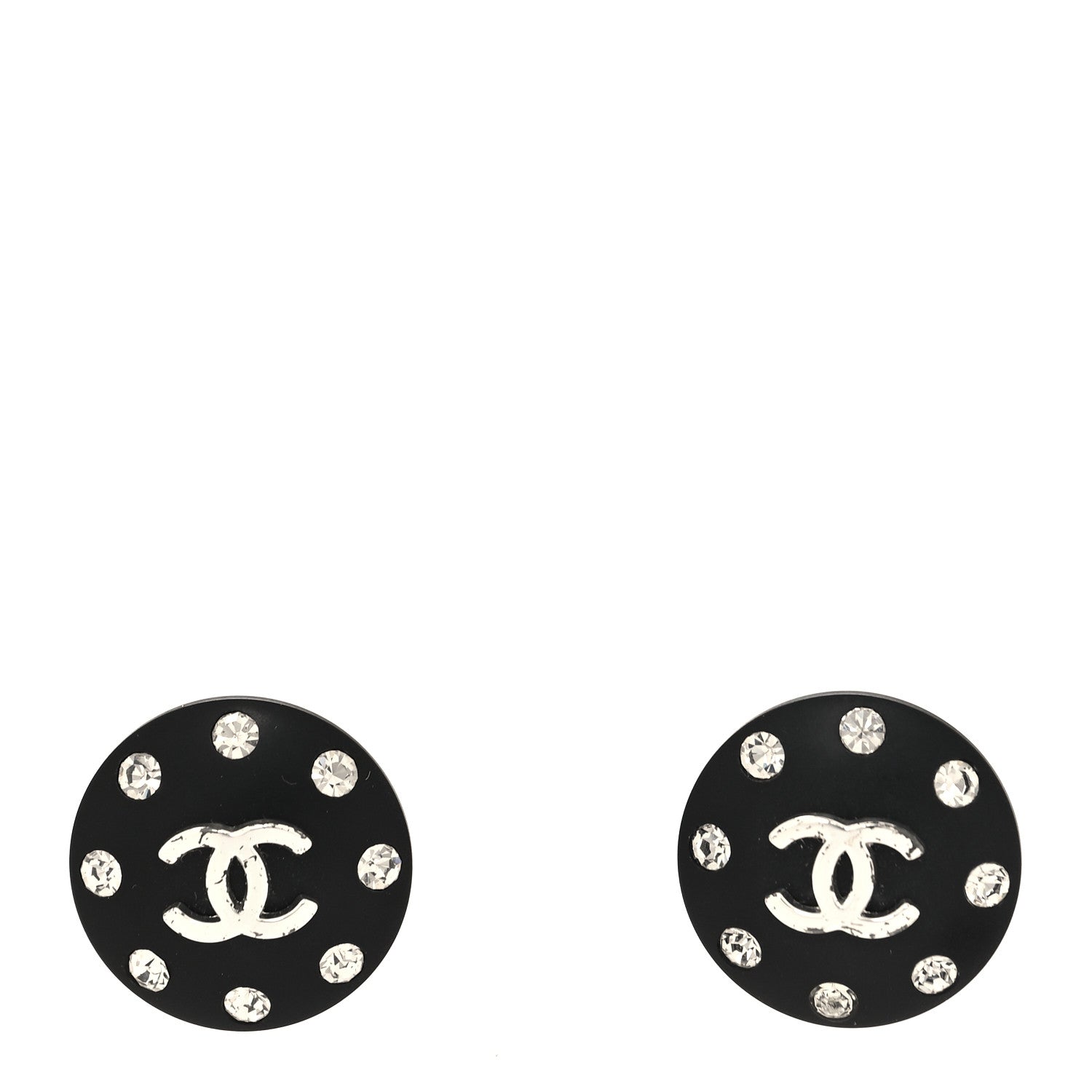 Chanel CC Crystal Studded Round Clip On Earrings Black Silver 1 of 4