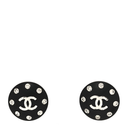 Chanel CC Crystal Studded Round Clip On Earrings Black Silver 1 of 4