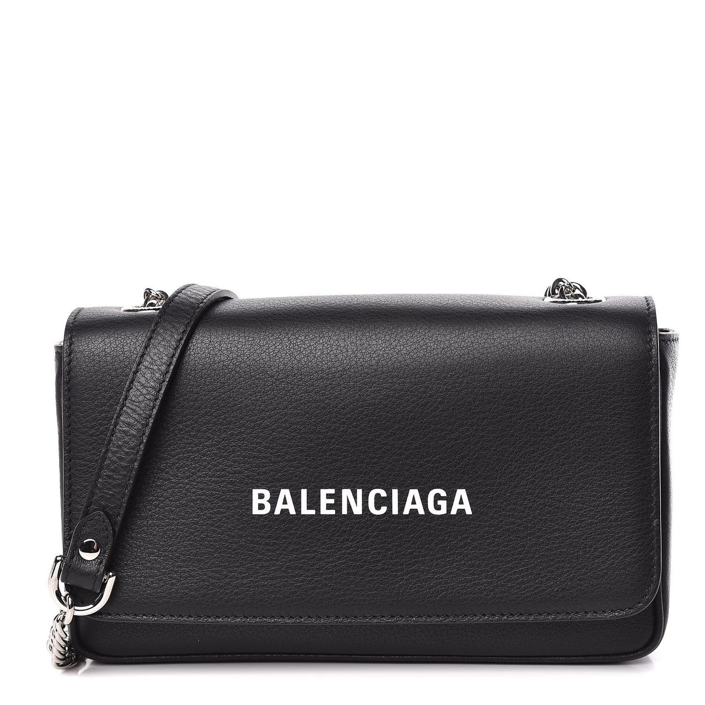 Pebbled Calfskin Logo Everyday Flap Chain Wallet Black