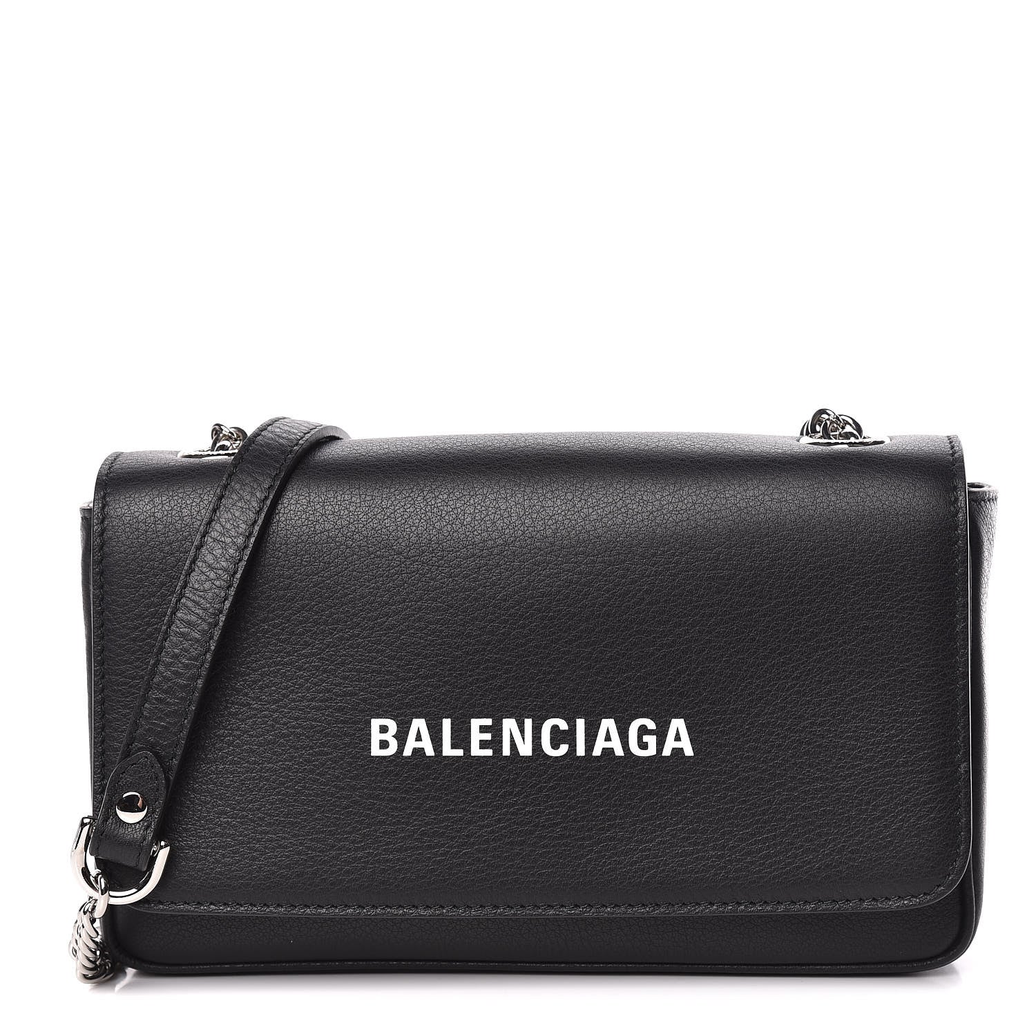 Balenciaga Pebbled Calfskin Logo Everyday Flap Chain Wallet Black 1 of 10