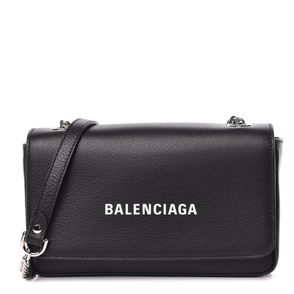 Balenciaga Pebbled Calfskin Logo Everyday Flap Chain Wallet Black 1 of 10